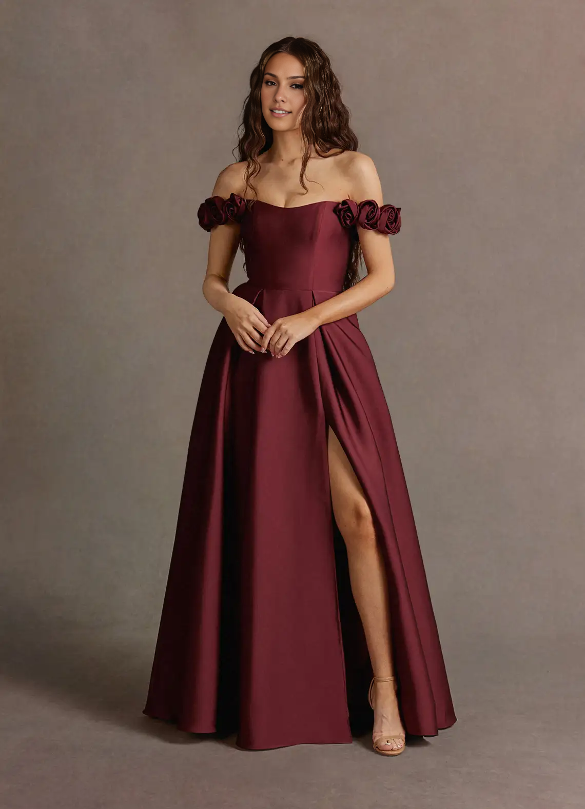 Stores With Prom Dresses Burgundy Off-the-Shoulder Sleeveless With Slit Prom Dress Flower Formal Wear Dresses